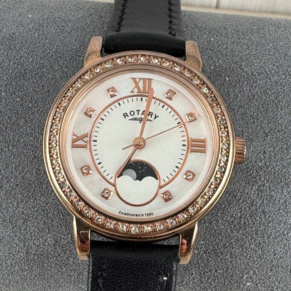Swiss Rotary Moon Phase Watch, Stylish Polished Rose Gold Dazzling Crystal Bezel
